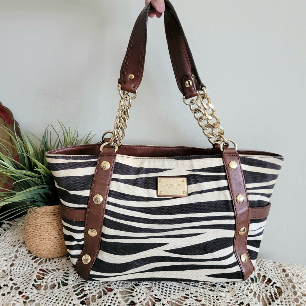 Rare Michael Kors Zebra Print Tote Bag Gold Studded